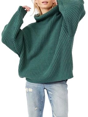 Free People Swim Too Deep Oversized Green Chunky Turtleneck Sweater - XS